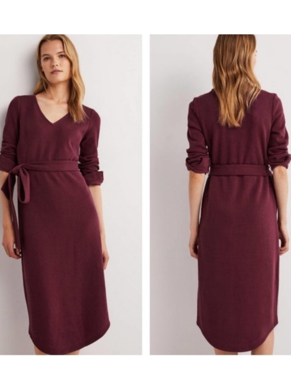 Boden Burgundy Midi Dress with Waist Tie - Picture 2 of 9